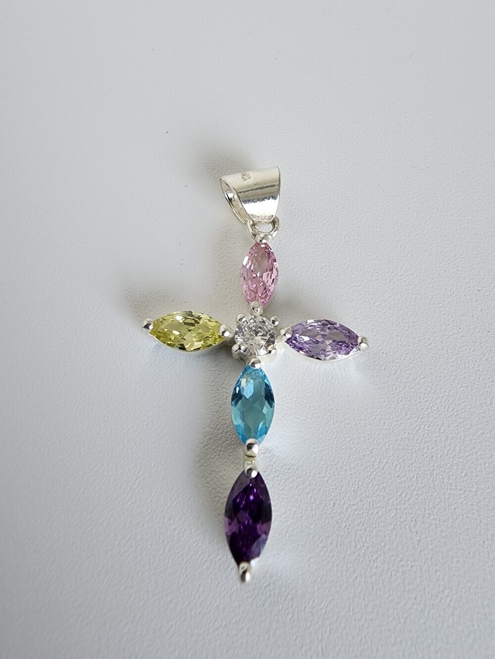 Mexican Sterling Silver 925 Multicolor CZ Cross Pendant 1.5"